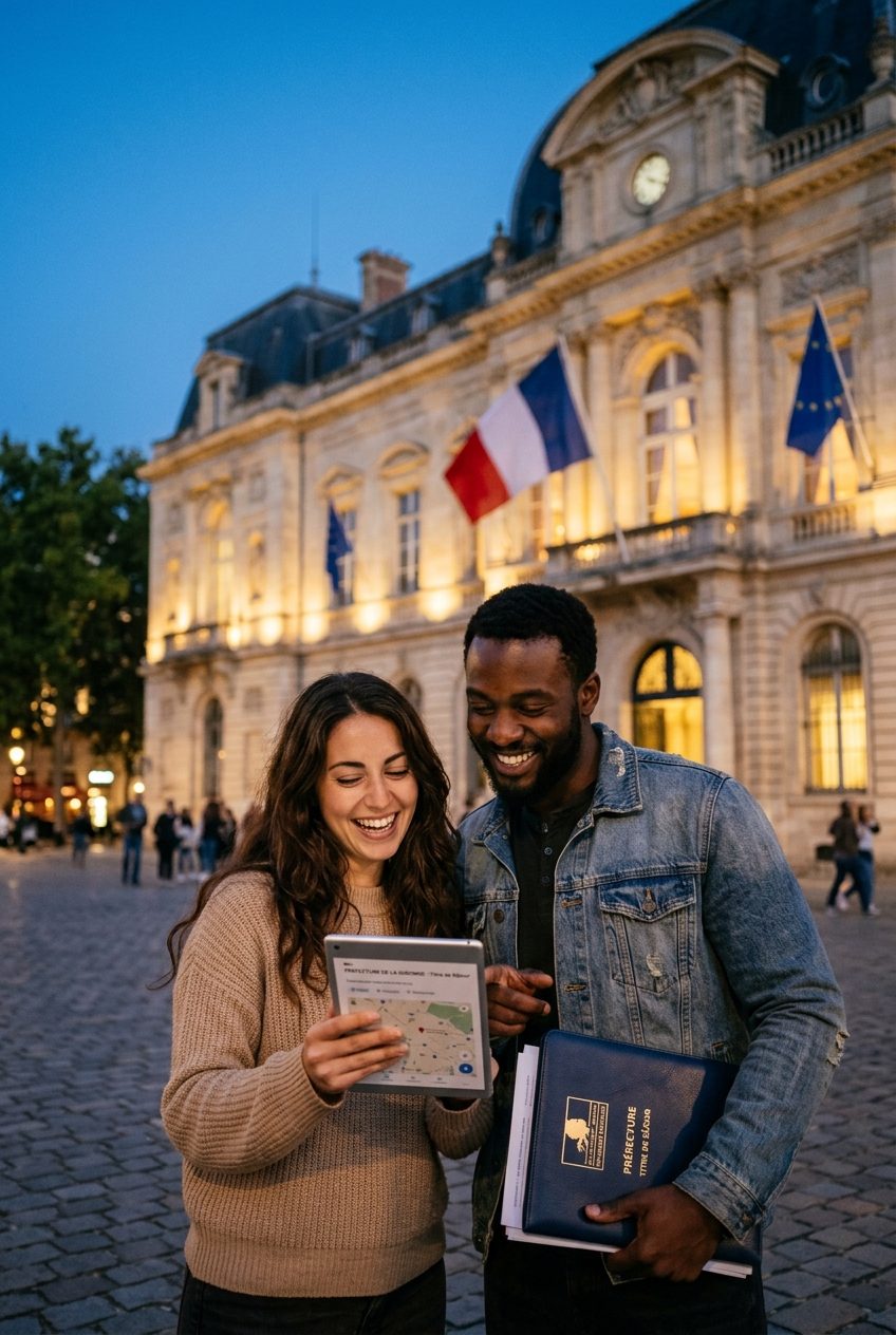 Un couple de nouveaux arrivants consulte une tablette devant une préfecture française